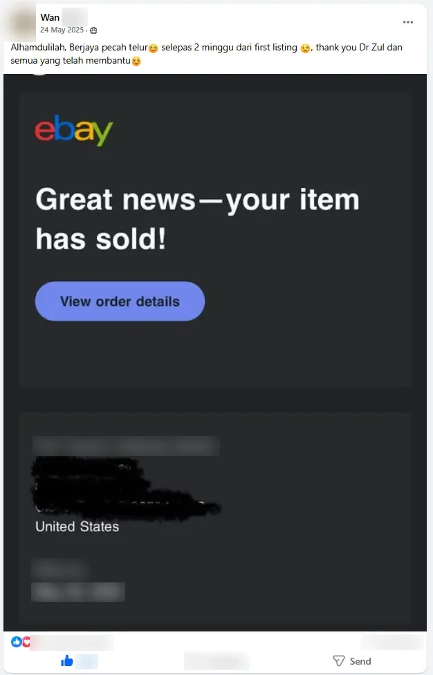 Screenshot jualan eBay student
